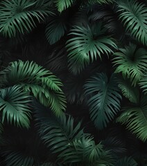 Tropical palm leaves in vibrant shades of green on black, jungle, nature, foliage
