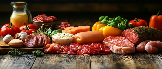 Fresh meat, vegetables, and cheese. Rustic food