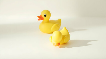 Fototapeta premium Cheerful Rubber Ducks in Bright Yellow Hues Captured in a Playful Still Life Photography, Evoking a Sense of Childhood Joy and Innocence