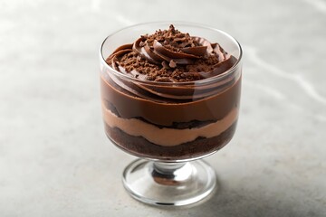 Rich chocolate parfait in glass – indulgent dessert concept