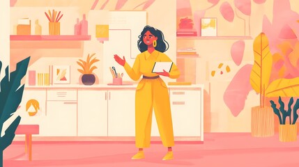 A woman in a yellow jumpsuit in a colorful, modern interior.