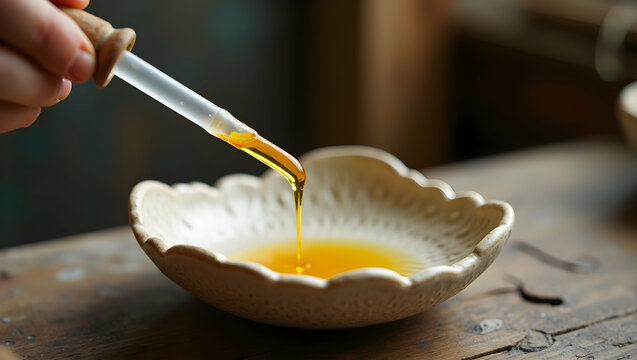 Close-up of a delicate curved pipette dispensing golden liquid into a shallow bowl, highlighting laboratory precision and the beauty of scientific processes and liquid handling