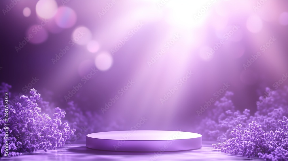Poster lilac sunlight podium with blank product stand and soft color background, serene and inviting displa