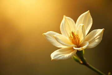 Fototapeta premium Close-up of a Graceful Jasmine Blossom Radiating Soft Golden Light Against a Muted Hued, Evoking Serenity and Natural Beauty in Floral Still Life