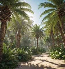Deep emerald palms, sunlight filtering, intricate details , green background, summer vibes