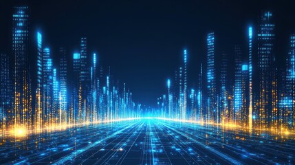 Futuristic city skyline, illuminated by digital data streams