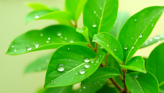 Close-up of vibrant green leaves adorned with glistening water droplets, capturing nature's beauty and freshness in a serene and inviting botanical scene
