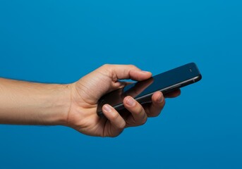 Fototapeta premium Photo of a Hand Holding a Smartphone Against a Blue Background