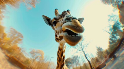 Close-up of a giraffe's head and neck, mouth slightly open, against a vibrant sky.  Trees and foliage surround the animal in the background