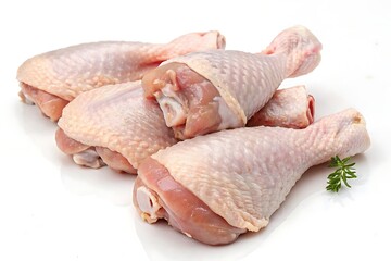 Uncooked chicken legs arranged on clean background &ndash; white meat concept