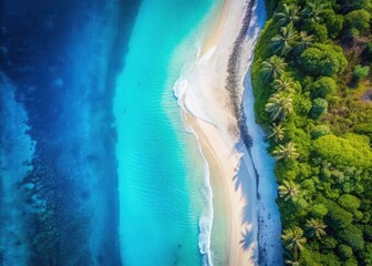 Stunning Drone Aerial Photography: Blue Ocean Meets White Sand, Coastal Paradise, Split Line, Seascape, Azure Water