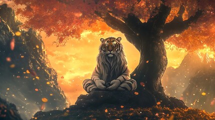 tiger with a crown of floating stones standing in still silence