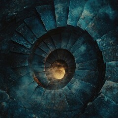 Fototapeta premium Spiral stone staircase winds downward in dark circular shaft with cracked walls. Faint light from opening above. Generative by AI.