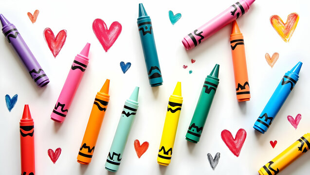 Colorful Oversized Crayons and Heart Drawings, A Vibrant Display of Artistic Tools and Playful Creativity on a Clean Surface, Ideal for Children
