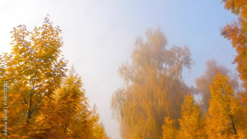 Poster pathway lined with golden trees in misty autumn atmosphere creating a serene and tranquil landscape 