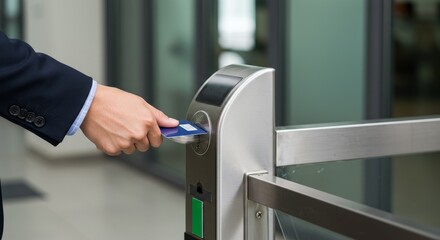Photo of Access Control: Businessman Using ID Card at Office Entrance