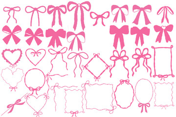 A set of coquette ribbon vintage frame  bows doodle hand drawn and heart-shaped frames. Perfect for Valentine’s Day, baby shower invitations, scrapbooking, and romantic decorations.