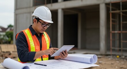 Photo of Architect Reviewing Blueprints On Tablet At Construction Site