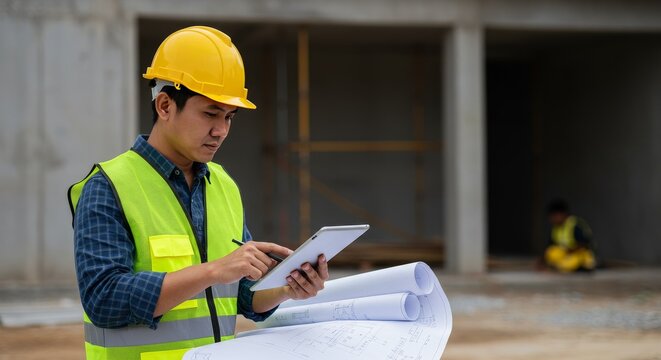 Photo of Architect Reviewing Blueprint on Tablet at Construction Site