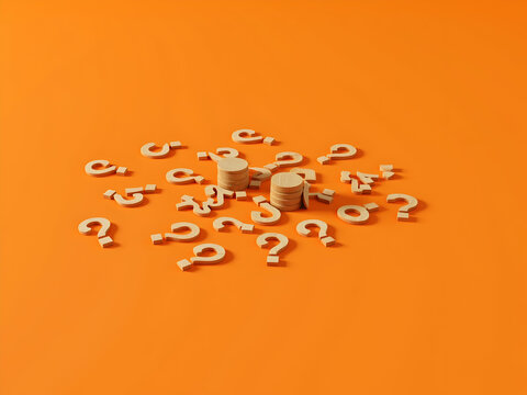 Conceptual Composition Featuring Wooden Question Marks and Circular Stacks on a Burnt Orange Surface, Evoking Uncertainty and Seeking Solutions