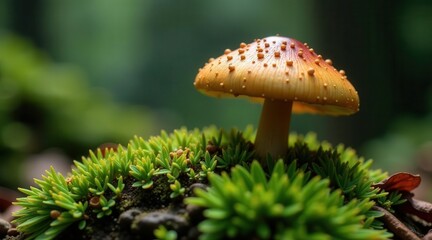 Fototapeta premium A delicate mushroom, speckled cap and golden hue, emerges from vibrant green moss, a tiny forest floor scene