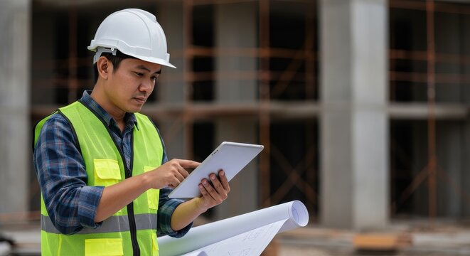 Photo of Asian Engineer Reviewing Blueprint on Tablet at Construction Site