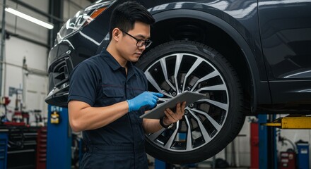 Photo of Auto Mechanic with Tablet Inspecting Car Wheel