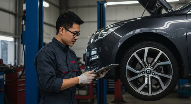 Photo of Auto Mechanic with Digital Tablet Inspecting Car in Garage