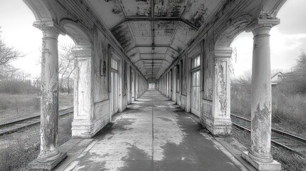 Grey monochrome pathway through a dilapidated colonnade.