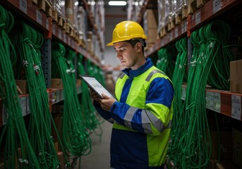 Focused warehouse worker reviews inventory data on a tablet, amidst neatly stacked green cables and organized shelves in a dimly lit industrial setting.