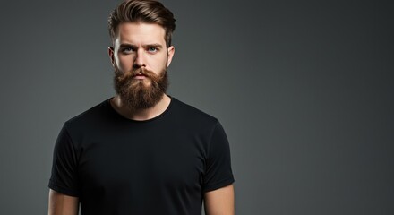 Naklejka premium Photo of Bearded Man in Black Shirt on Grey Background