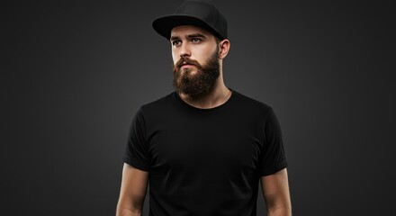 Photo of Bearded Man in Black T-Shirt and Cap