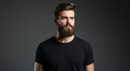 Fototapeta premium Photo of Bearded Man Portrait in Black against Dark Background
