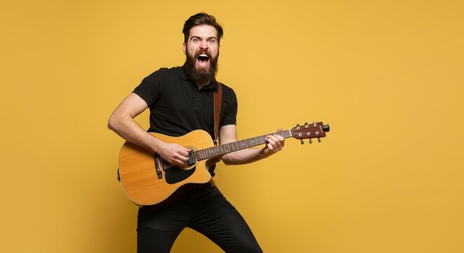 Photo of Bearded Man Playing Acoustic Guitar on Yellow Background - Powered by Adobe