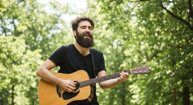 Photo of Bearded Musician Playing Acoustic Guitar in Lush Green Park