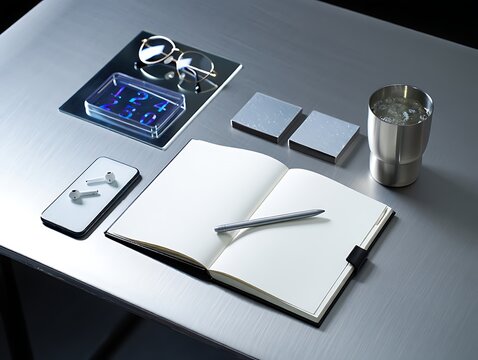 Desk with Notebook, Glass of Water, and Small Gadgets