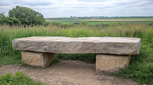Outdoor stone bench in a grassy landscape.