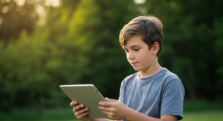 Fototapeta premium Photo of Boy Using Tablet in Park