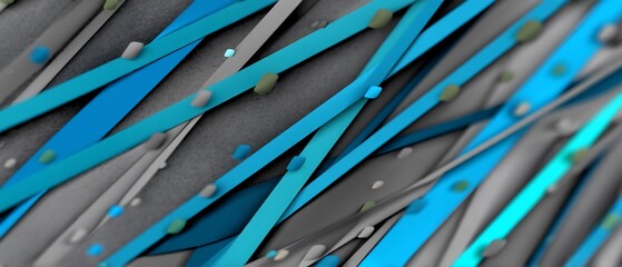 Abstract 3D artwork featuring intersecting teal and gray stripes, punctuated by small cubes