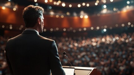 Business coach delivering a keynote speech at an international business summit in a large conference hall, with a packed audience, creating a global, professional atmosphere.