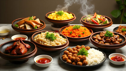 Fototapeta premium Delicious Asian Cuisine Still Life, A Colorful Array of Dishes Featuring Noodles, Rice, Vegetables, and Meats Arranged on a Table