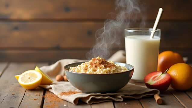Delicious breakfast scene featuring steaming cereal with cinnamon, fresh milk, and a vibrant assortment of fruits on rustic wooden surface