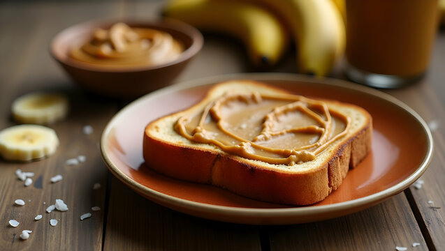 Delicious and Healthy Breakfast, Close-up of Peanut Butter on Toast with Fresh Bananas and Juice, Perfect for a Nutritious Start to the Day