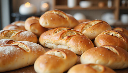 Assortment of freshly baked breads in cooperative bakery, community spirit