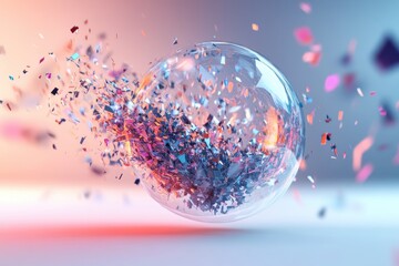 A glass sphere filled with colorful confetti fragments in a dynamic and vibrant composition style