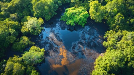 Mangrove Aerial View. Serene Lagoon Surrounded By Lush Green Trees, Showcasing Nature'S Beauty From Above.