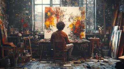 An artist illustrating chronic pain experiences in a vibrant, expressive creative studio.