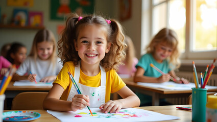 Delightful Young Artist, A Cheerful Girl with Hazel Eyes Engrossed in Painting at School, Radiating Joy and Creativity During Her Art Class Lesson