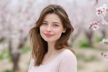 Woman Smiling in Orchard with Blossoming Trees in Spring
