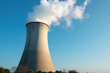 Fototapeta premium Large industrial steam cooling tower, emitting vapor against a blue sky , ventilation, water, industry